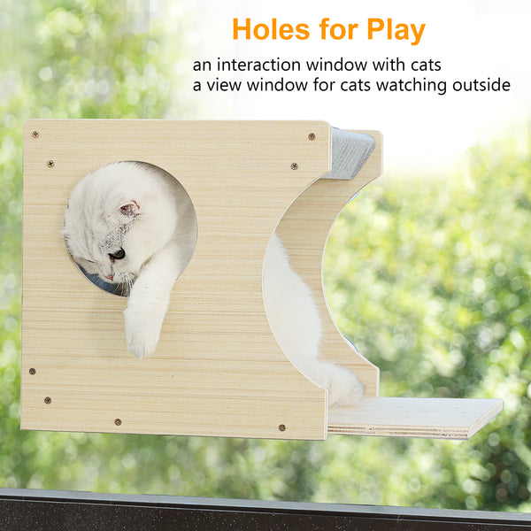 Window Cat Perch Shelves for Inside, Sturdy Wood Climbing Seat Mounted with Heavy Duty Suction Cups, Corner Window Bed for Overlooking and Sleeping