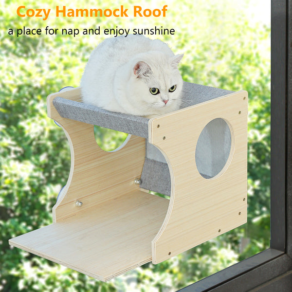 Window Cat Perch Shelves for Inside, Sturdy Wood Climbing Seat Mounted with Heavy Duty Suction Cups, Corner Window Bed for Overlooking and Sleeping