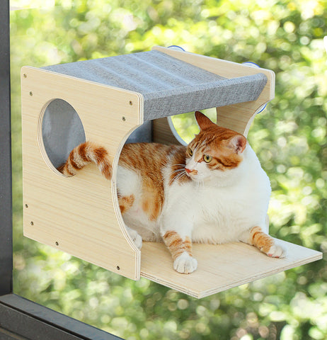Window Cat Perch Shelves for Inside, Sturdy Wood Climbing Seat Mounted with Heavy Duty Suction Cups, Corner Window Bed for Overlooking and Sleeping