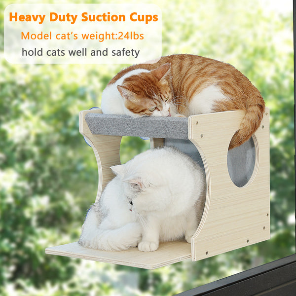 Window Cat Perch Shelves for Inside, Sturdy Wood Climbing Seat Mounted with Heavy Duty Suction Cups, Corner Window Bed for Overlooking and Sleeping