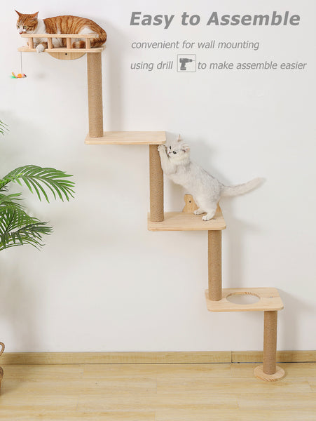 Cat Tree Wall Mounted with 4 Levels Shelves, 73" Wood Corner Tower Inside Kitten Scratching Post for Climbing,Perching and Lounging