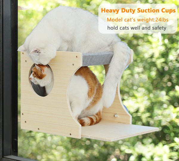 Window Cat Perch Shelves for Inside, Sturdy Wood Climbing Seat Mounted with Heavy Duty Suction Cups, Corner Window Bed for Overlooking and Sleeping