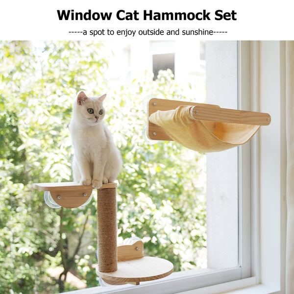 Cat Window Hammock Bed 4pcs/Set Cat Window Perch for Indoor Cats Seat with Two Shelves and One Scratching Post Sunction Cup Mounted