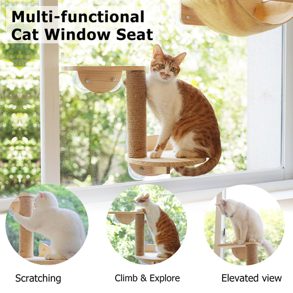 Cat Window Hammock Bed 4pcs/Set Cat Window Perch for Indoor Cats Seat with Two Shelves and One Scratching Post Sunction Cup Mounted