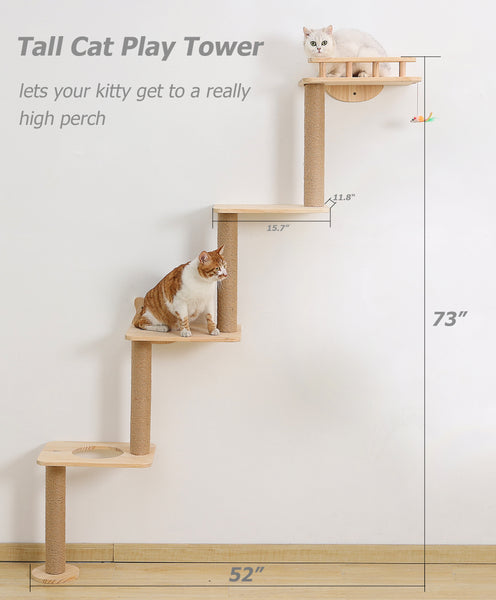 Cat Tree Wall Mounted with 4 Levels Shelves, 73" Wood Corner Tower Inside Kitten Scratching Post for Climbing,Perching and Lounging