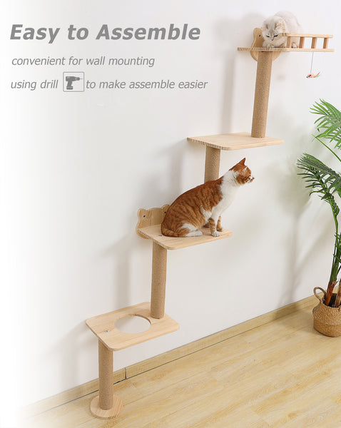 Cat Tree Wall Mounted with 4 Levels Shelves, 73" Wood Corner Tower Inside Kitten Scratching Post for Climbing,Perching and Lounging