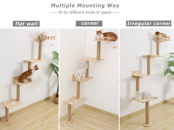 Cat Tree Wall Mounted with 4 Levels Shelves, 73" Wood Corner Tower Inside Kitten Scratching Post for Climbing,Perching and Lounging