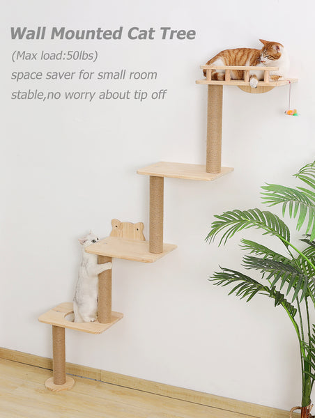 Cat Tree Wall Mounted with 4 Levels Shelves, 73" Wood Corner Tower Inside Kitten Scratching Post for Climbing,Perching and Lounging