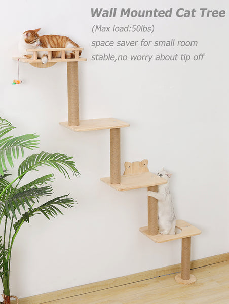 Cat Tree Wall Mounted with 4 Levels Shelves, 73" Wood Corner Tower Inside Kitten Scratching Post for Climbing,Perching and Lounging