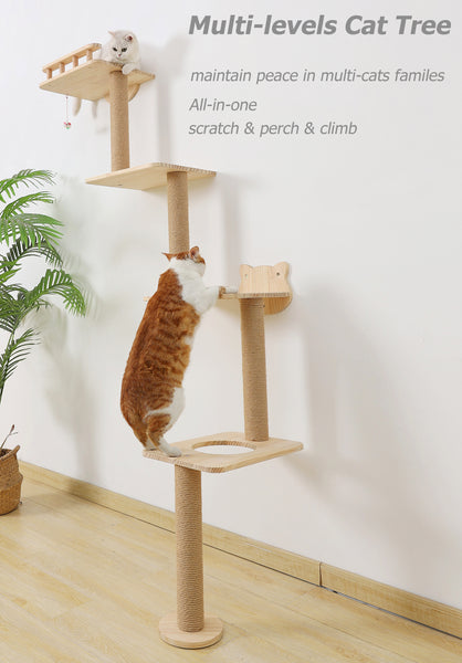 Cat Tree Wall Mounted with 4 Levels Shelves, 73" Wood Corner Tower Inside Kitten Scratching Post for Climbing,Perching and Lounging