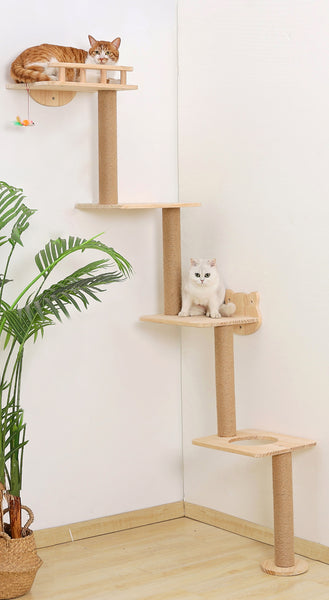 Cat Tree Wall Mounted with 4 Levels Shelves, 73" Wood Corner Tower Inside Kitten Scratching Post for Climbing,Perching and Lounging