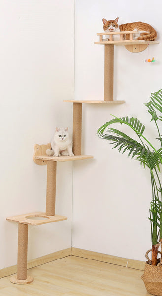 Cat Tree Wall Mounted with 4 Levels Shelves, 73" Wood Corner Tower Inside Kitten Scratching Post for Climbing,Perching and Lounging