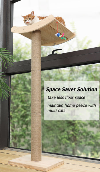 Window Cat Perch with Scratching Posts, 46" Wood Tree Bed for Maine Coon Big Cats Perching and Lounging, Mounted with 3 Strong Suction Cups (Wood Platform)