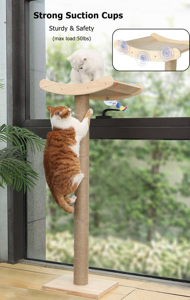 Window Cat Perch with Scratching Posts, 46" Wood Tree Bed for Maine Coon Big Cats Perching and Lounging, Mounted with 3 Strong Suction Cups (Wood Platform)