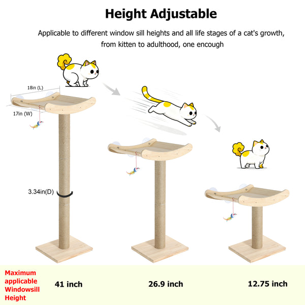Window Cat Perch with Scratching Posts, 46" Wood Tree Bed for Maine Coon Big Cats Perching and Lounging, Mounted with 3 Strong Suction Cups (Wood Platform)
