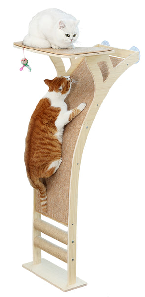 Cat Window Perch with Scratcher Ramp, 48" Climbing Tree Suctions Cups to Window Maximum Hold Up to 45lb, Wood Kitty Bed for Small Window (Drilling-Free)
