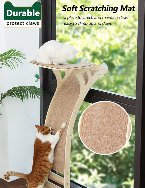 Cat Window Perch with Scratcher Ramp, 48" Climbing Tree Suctions Cups to Window Maximum Hold Up to 45lb, Wood Kitty Bed for Small Window (Drilling-Free)