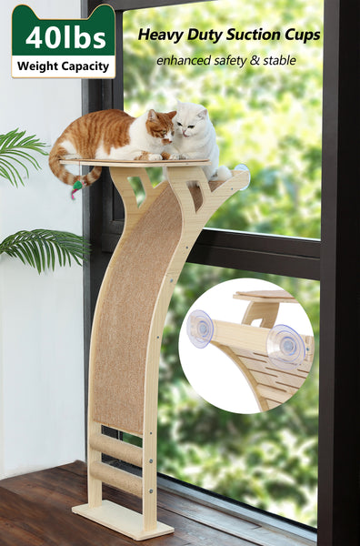 Cat Window Perch with Scratcher Ramp, 48" Climbing Tree Suctions Cups to Window Maximum Hold Up to 45lb, Wood Kitty Bed for Small Window (Drilling-Free)