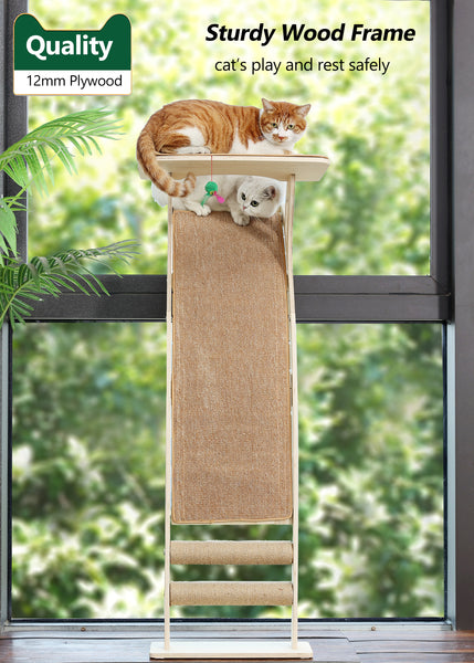 Cat Window Perch with Scratcher Ramp, 48" Climbing Tree Suctions Cups to Window Maximum Hold Up to 45lb, Wood Kitty Bed for Small Window (Drilling-Free)