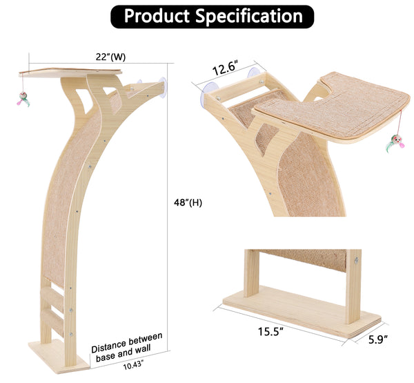 Cat Window Perch with Scratcher Ramp, 48" Climbing Tree Suctions Cups to Window Maximum Hold Up to 45lb, Wood Kitty Bed for Small Window (Drilling-Free)