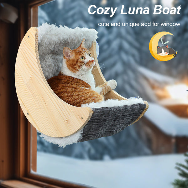 Window Cat Perch Moon Cat Bed Mounted with Suction Cups Wood Cat Window Hammock
