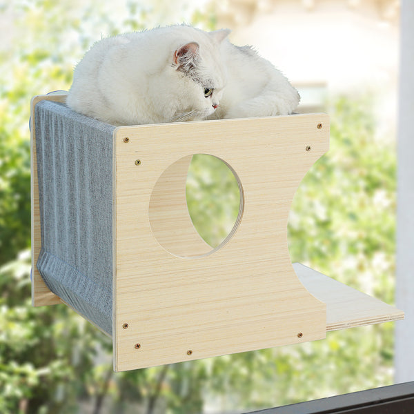 Window Cat Perch Shelves for Inside, Sturdy Wood Climbing Seat Mounted with Heavy Duty Suction Cups, Corner Window Bed for Overlooking and Sleeping