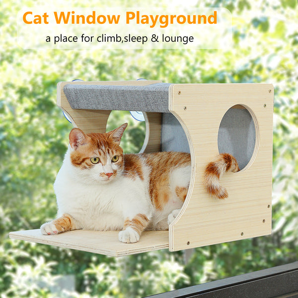 Window Cat Perch Shelves for Inside, Sturdy Wood Climbing Seat Mounted with Heavy Duty Suction Cups, Corner Window Bed for Overlooking and Sleeping