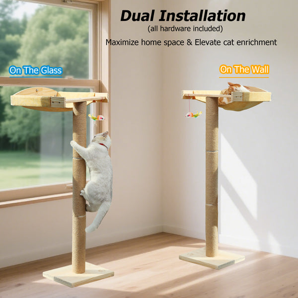 Cat Window Perch with Tall Scratching Posts, Inside 46" Climbing Tree Hammmock Mounted with Suction Cups for Sleeping,Playing and Watching Birds