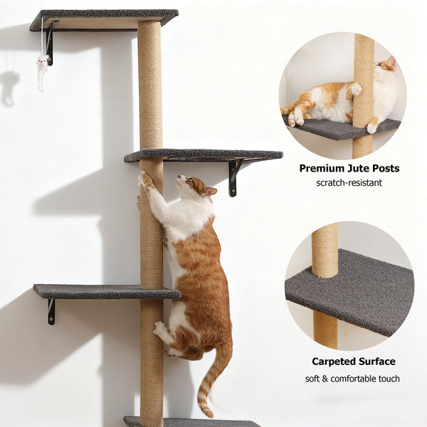 Tall Cat Scratching Posts,4 Tier Corner Cats Tree, Wall Mounted Kitten Tower,Carpeted Climbing Wall for Indoor Kitty Perching,Playing and Lookout