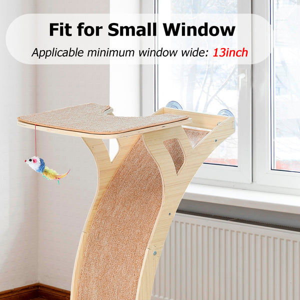Cat Window Perch with Scratcher Ramp, 48" Climbing Tree Suctions Cups to Window Maximum Hold Up to 45lb, Wood Kitty Bed for Small Window (Drilling-Free)