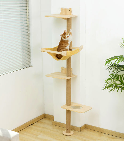 Cat Tree with Hammock, Tall Wall Mounted Wood Scratching Post for Indoor Cats Climbing Activity TowerCat Tree with Hammock, Tall Wall Mounted Wood Scratching Post for Indoor Cats Climbing Activity Tower