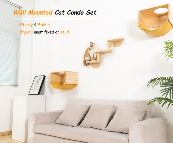 Cat Wall Shelves and Perches with 3-levels Climbing Ladder Wooden Wall Mount Cat Furniture 2 Cat Condos