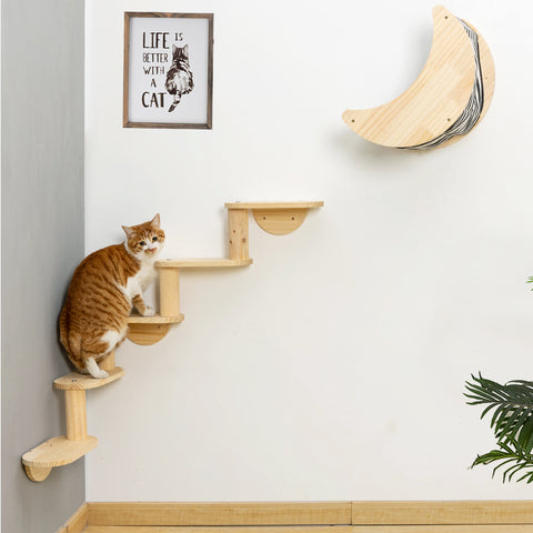 Cat Shelf for Wall Mount Hammock with 5-Levels Climbing Ladder Moon Cat Wall Shelves and Perches for Activity Indoor Cats Wall Furniture(5-Levels Steps)